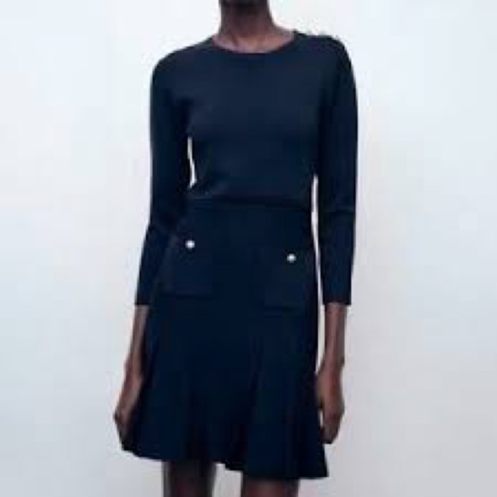 Zara - Navy Pleated Crewneck Long Sleeve With Gold Accents Mini Dress Size SM
